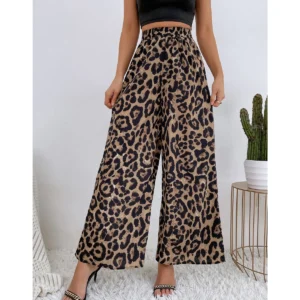 Women Leopard Wide Leg Ankle Length Pants Elastic Waist Spliced Loose Fit Capris Pockets High Street Autumn Slight Strech