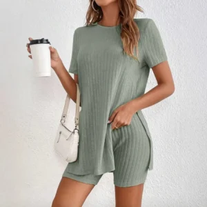 Longer Short Sets Women Slim Fit Pencil Pant Split Top Shorts Suits Two Piece Set Solid Spliced Round Neck Tops Homewear Summer