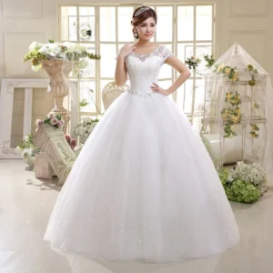 Elegant simple Wedding Dress V-Neck Short Sleeves Net Rhinestone Backless lace up Bridal Ball Gown