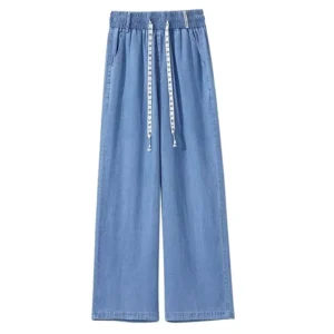 Wide Leg Pants Women Jeans Stretch Elastic Waist Lace Up Drawstring Distressed Washed Streetwear 2025 Summer Denim Trousers