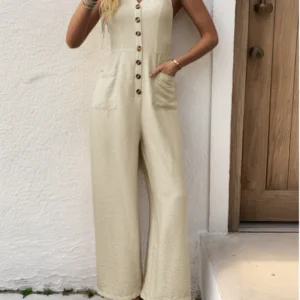 Multi Functional Minimalist Casual Vacation Slimming Backless V-Neck Solid Color Wide Leg Jumpsuit Summer High Waisted Jumpsuit