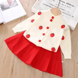 2025 New Autumn Baby Girl Knitted Clothes Suit Long Sleeved Knitted Cardigan Coat+Short Skirt 2-6Yrs Kids Knitted Clothing Suit