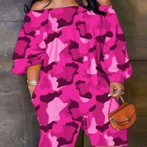 Women's fashionable jumpsuit shorts for spring/summer 2024, new casual plus size camouflage printed off shoulder casual jumpsuit