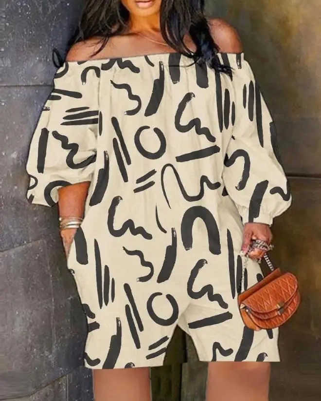 Women's fashionable jumpsuit shorts for spring/summer 2024, new casual plus size camouflage printed off shoulder casual jumpsuit - Image 2