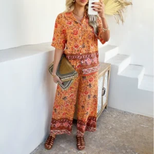 Floral Print Contrasting Bohemian Vacation Style Shirt Top and High Waisted Straight Leg Pants Set for Summer Casual Wear