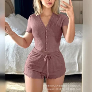 Short Sets Women Two Piece Set V Neck Single Breasted Tops Sexy Casual Y2k Sleepwear Shorts Pants Elastic Waist Lace Up Splice