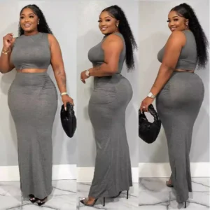 Solid Color Simple Long Women's Hip Skirt Sexy Slim Two-Piece Set Summer New Casual Navel Sleeveless Round Neck Short Vest Tops